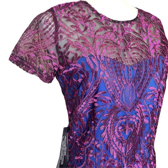 JS Collections‎ Short Sleeve Blue Pink Overlay Metallic Sheath Cocktail Dress - Picture 8 of 12